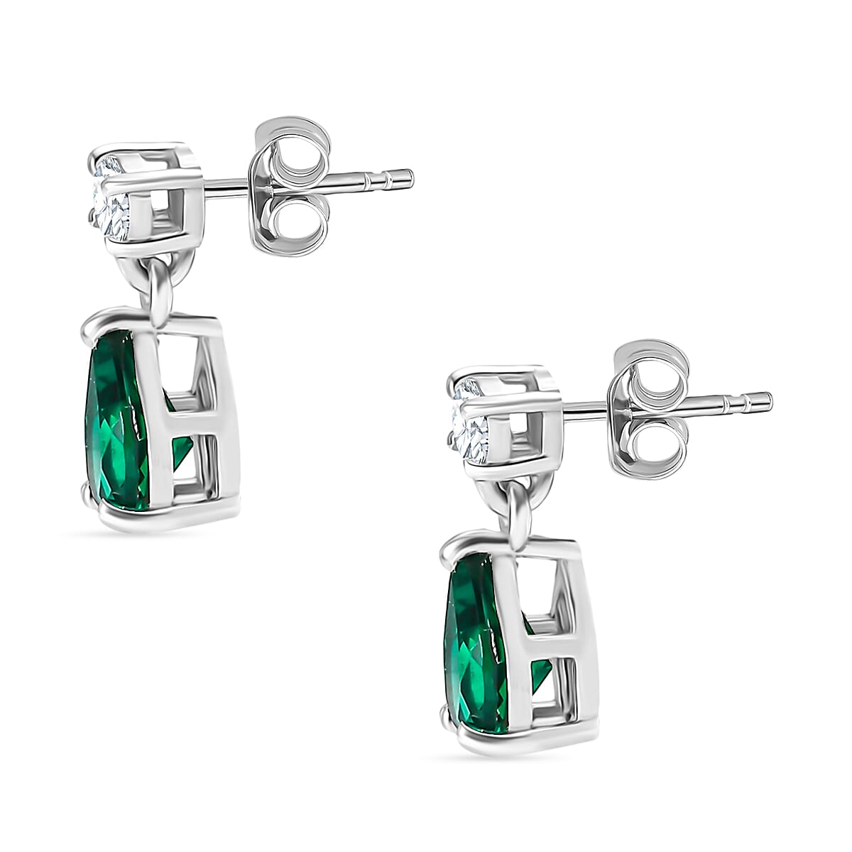 Lab Grown Emerald & Moissanite Stud Push Post Earring in Rhodium Overlay Sterling Silver 1.39 Ct.