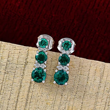 Lab Grown Emerald & White Zircon Earring in Rhodium Overlay Sterling Silver 1.76 Ct.