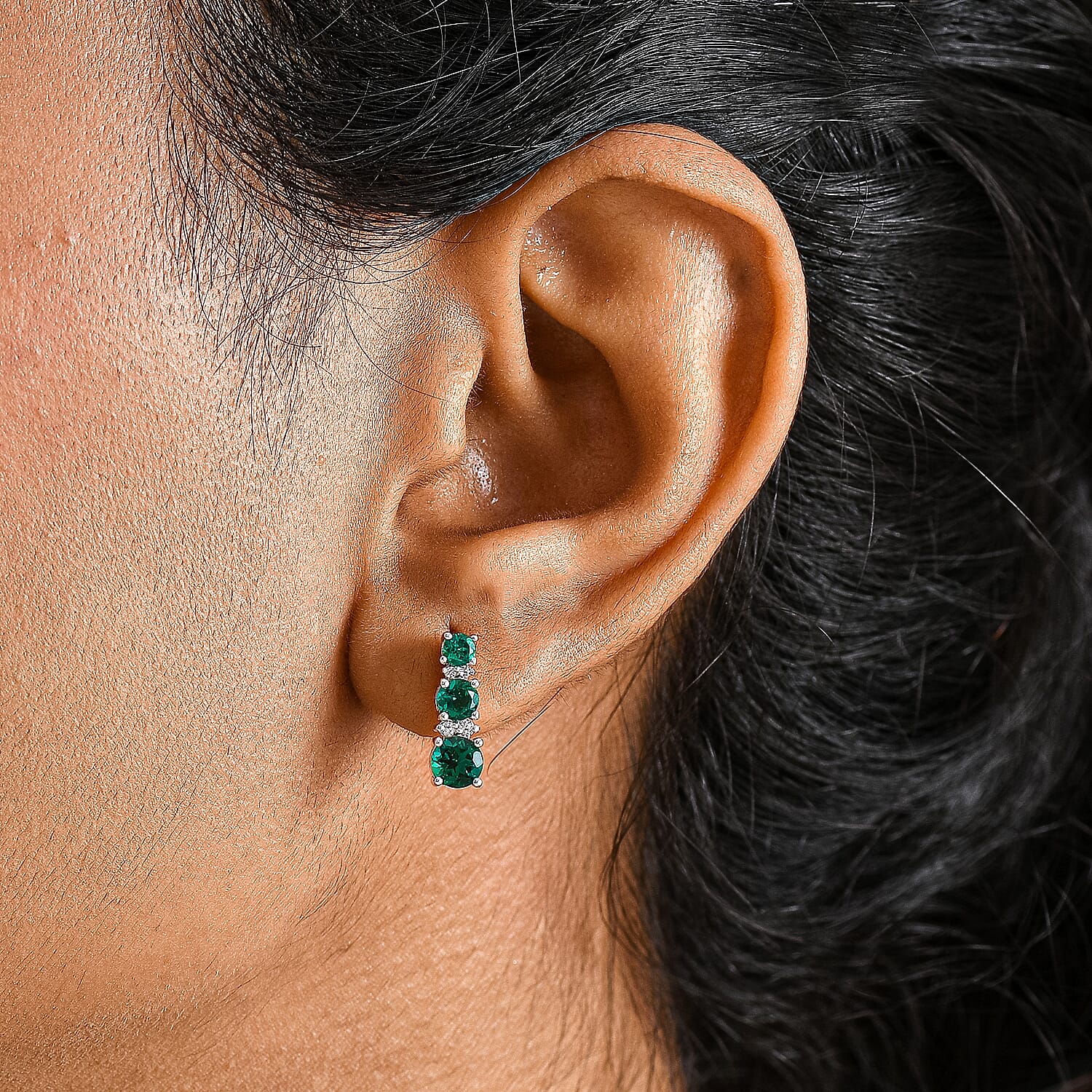 Lab Grown Emerald & White Zircon Earring in Rhodium Overlay Sterling Silver 1.76 Ct.