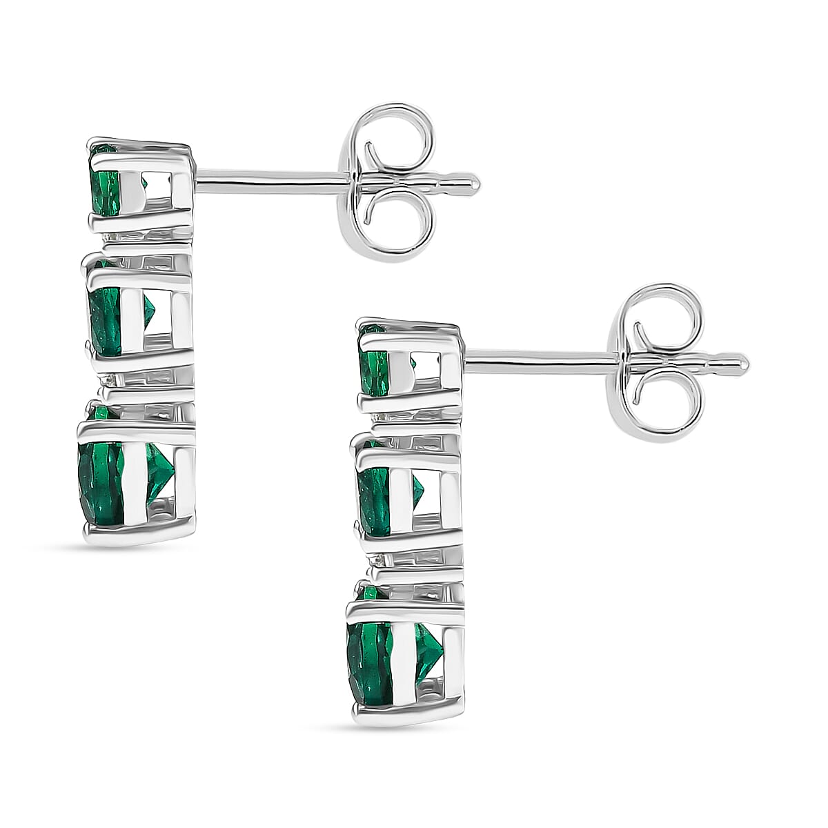 Lab Grown Emerald & White Zircon Earring in Rhodium Overlay Sterling Silver 1.76 Ct.