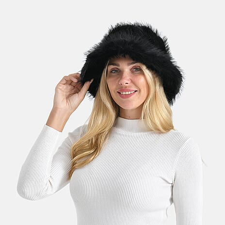 Styled By Faux Fur Bucket Hat (36x17 Cm) - Black