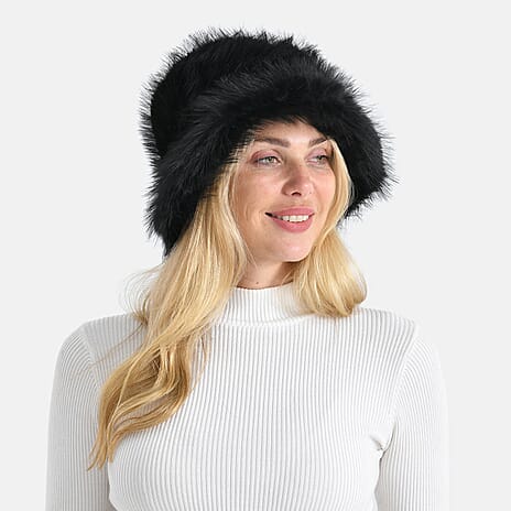 Styled By Faux Fur Bucket Hat (36x17 Cm) - Black