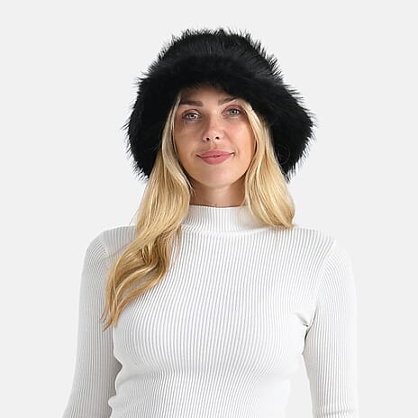 Styled By Faux Fur Bucket Hat (36x17 Cm) - Black
