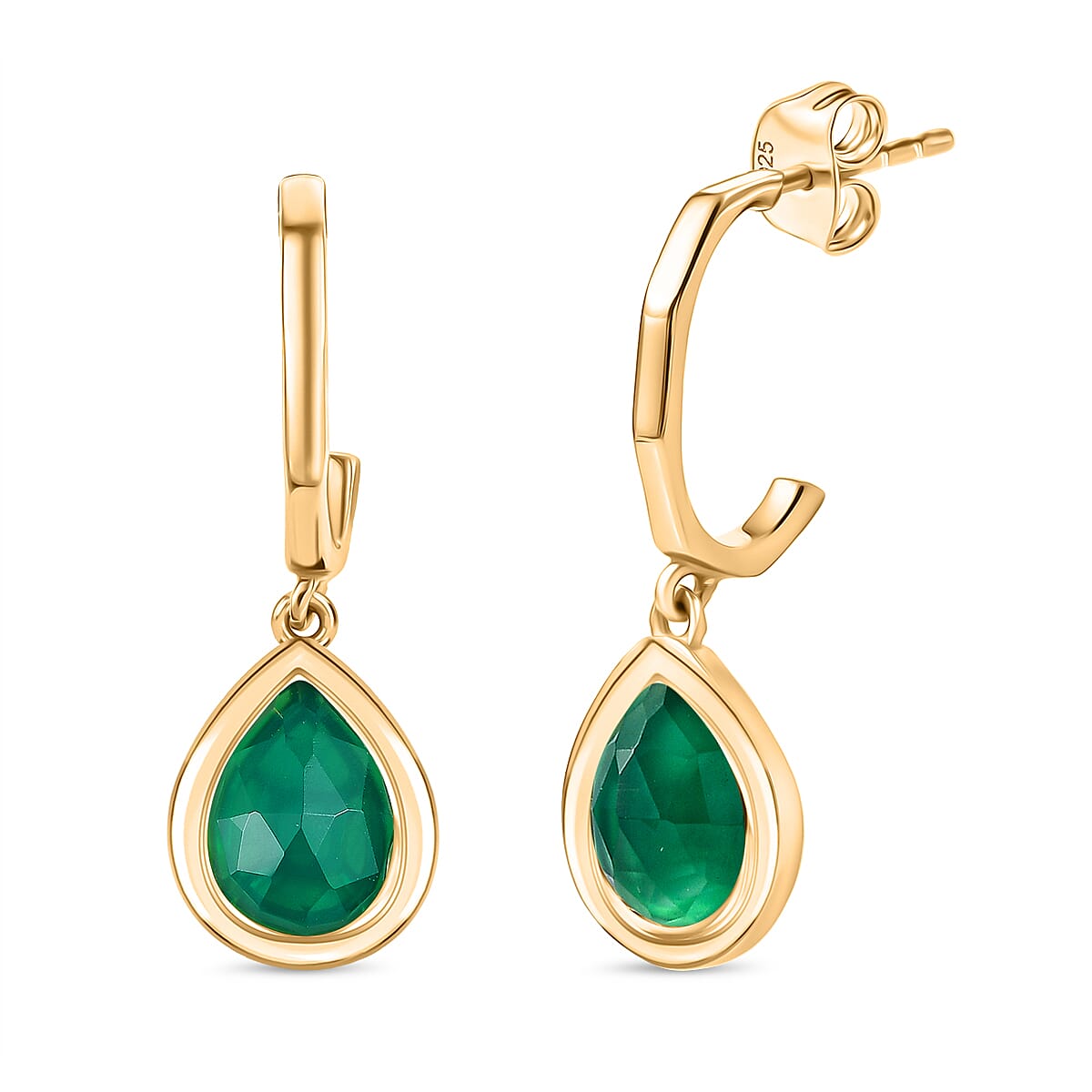 D'Joy Verde Onyx Solitaire Stud Push Post Earring in 18K Yellow Gold Plated Sterling Silver 3.24 Ct.
