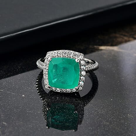D'Joy Emeraldine Triplet Quartz & White Zircon Ring in Platinum Overlay Sterling Silver 5.90 Ct.