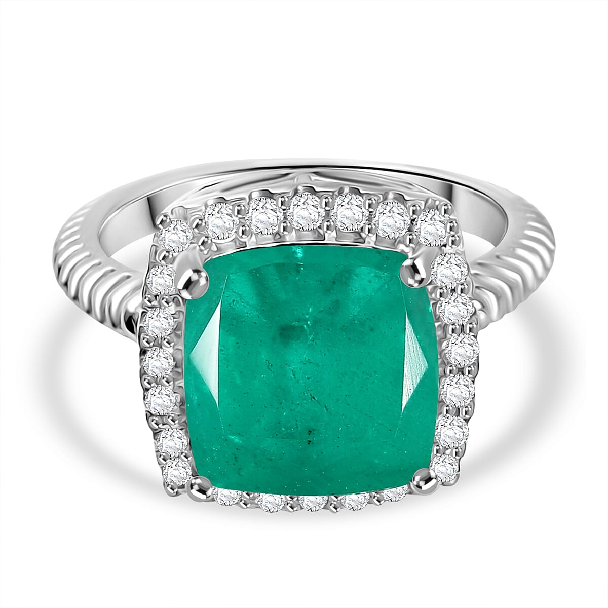 D'Joy 5.3 Ct. Emeraldine Triplet Quartz, White Zircon Halo Ring in Platinum Overlay Sterling Silver
