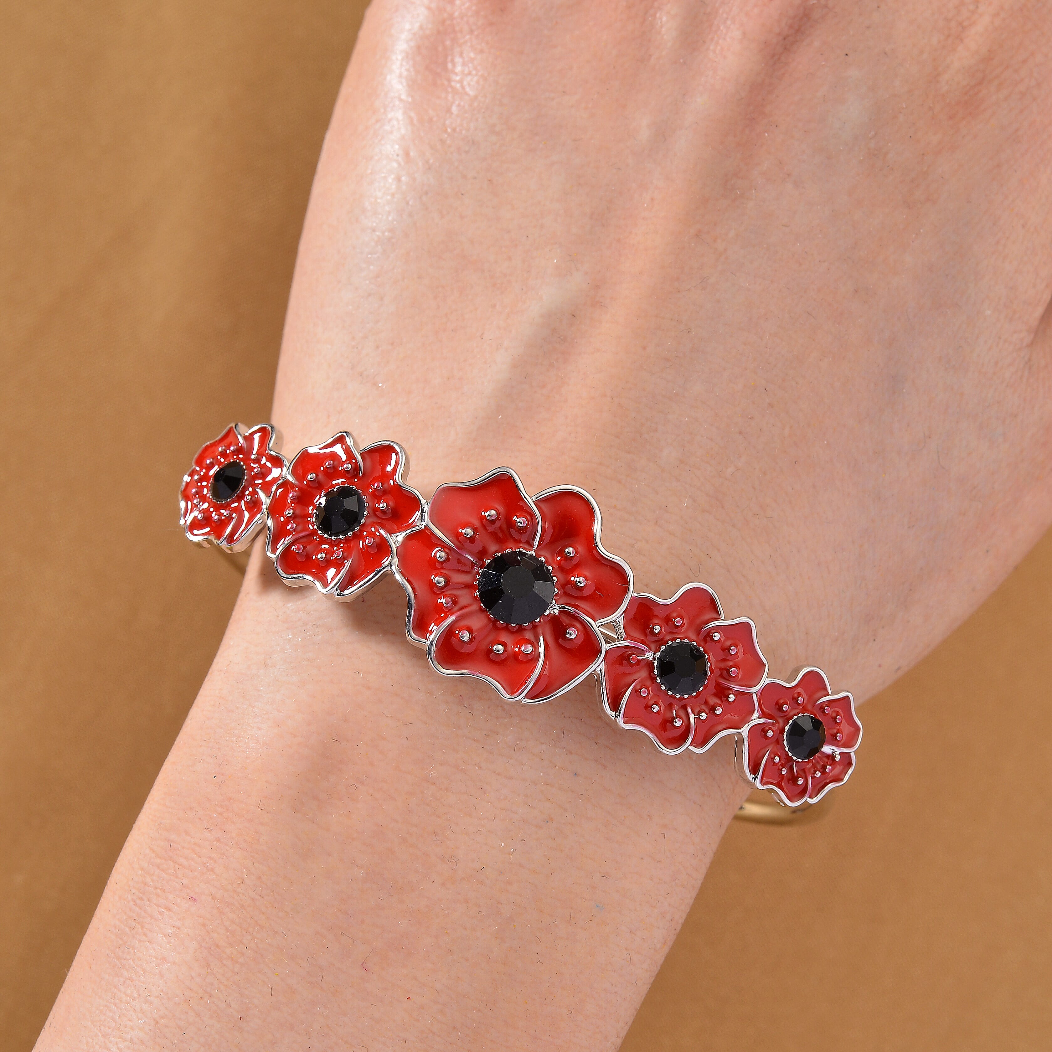 Austrian Black Crystal Cuff Bangle (Size 8) in Silver Tone