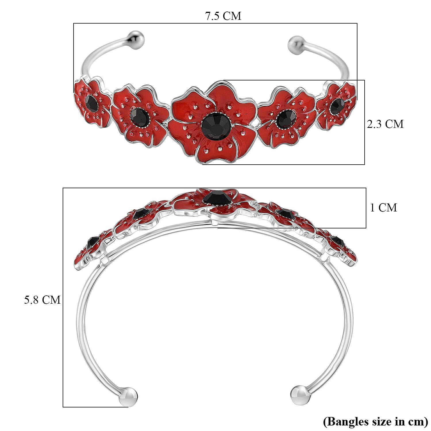 Austrian Black Crystal Cuff Bangle (Size 8) in Silver Tone