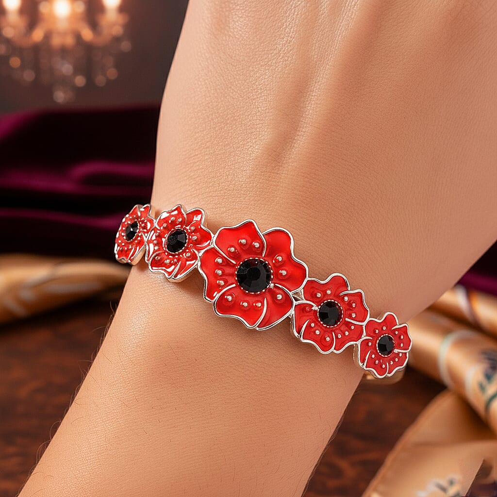 Austrian Black Crystal Cuff Bangle (Size 8) in Silver Tone