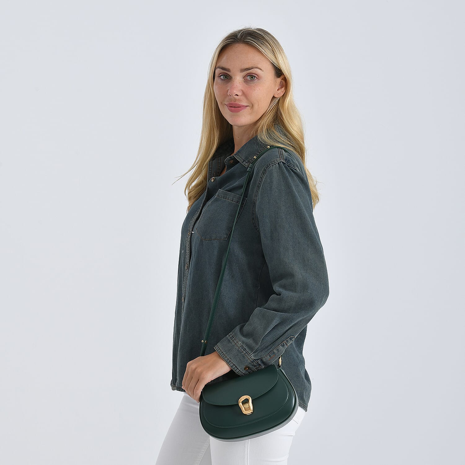 Grand Pelle Genuine Leather Saddle Crossbody Bag - Dark Green