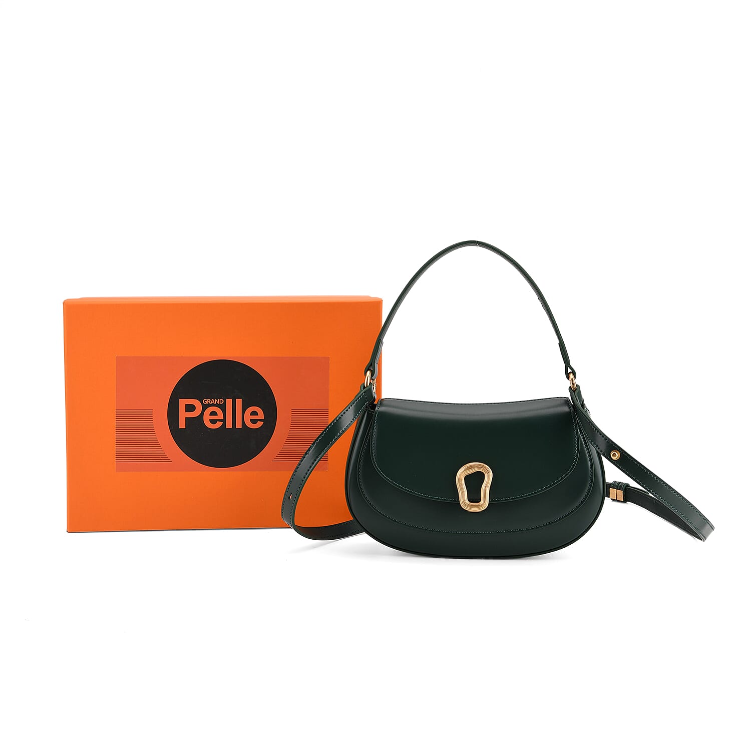 Grand Pelle Genuine Leather Saddle Crossbody Bag - Dark Green