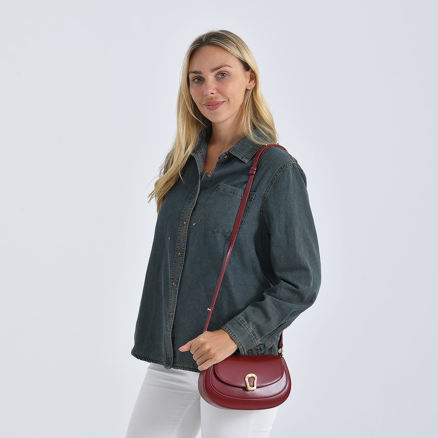 Grand Pelle Genuine Leather Saddle Crossbody Bag - Red