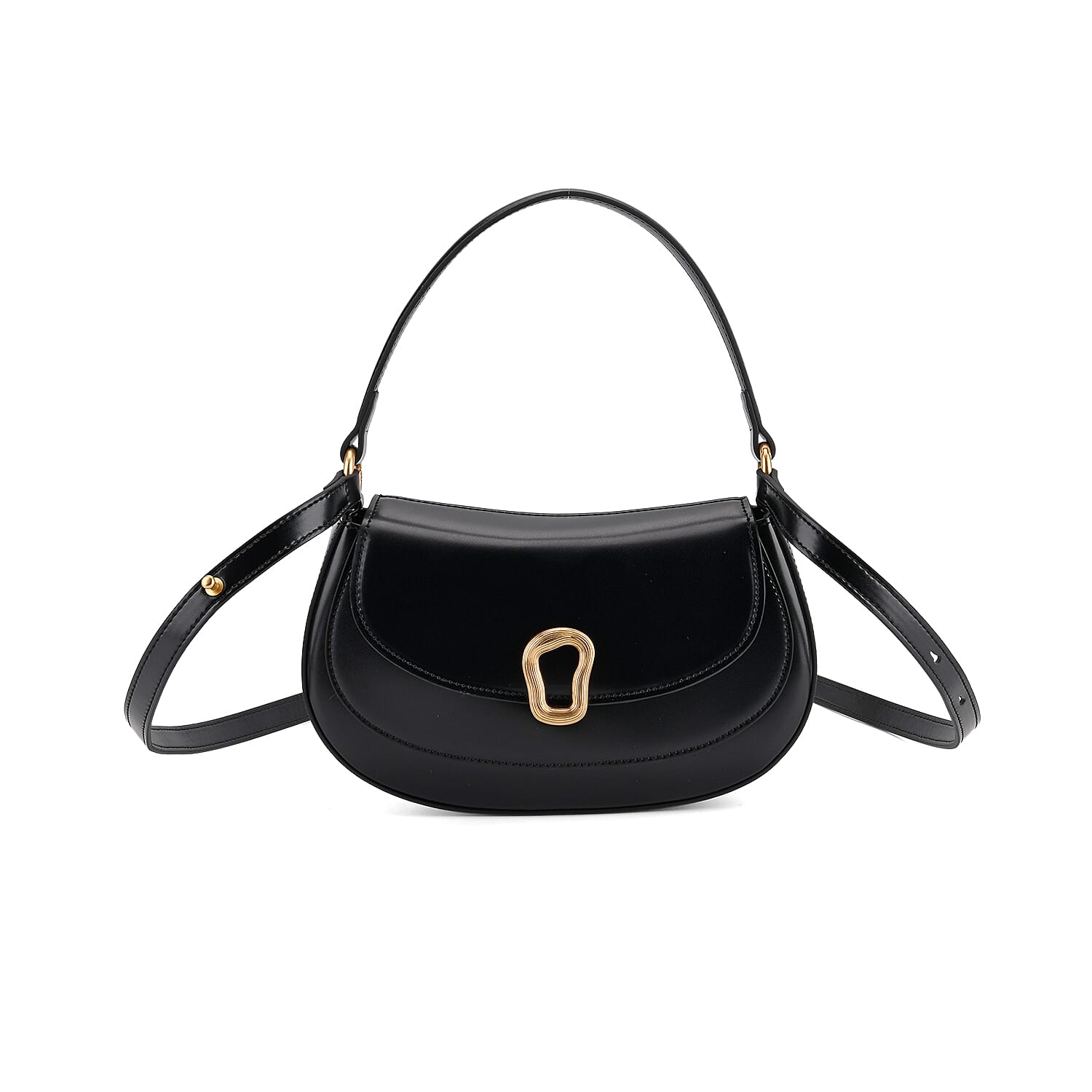 Grand Pelle Genuine Leather Saddle Crossbody Bag - Black