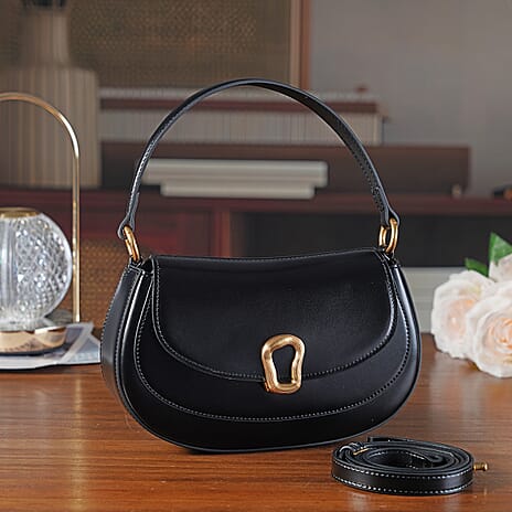 Grand Pelle Genuine Leather Saddle Crossbody Bag - Black