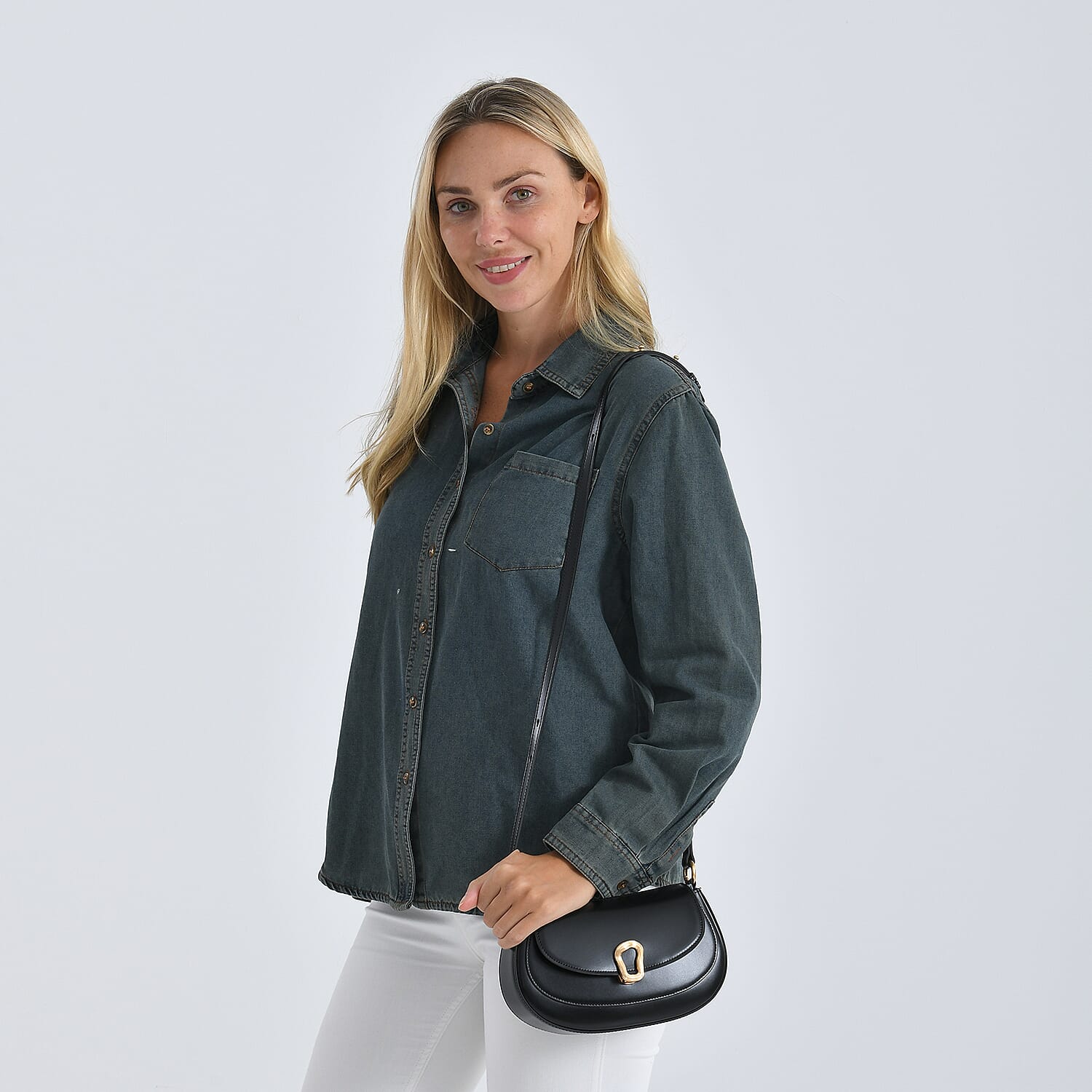 Grand Pelle Genuine Leather Saddle Crossbody Bag - Black