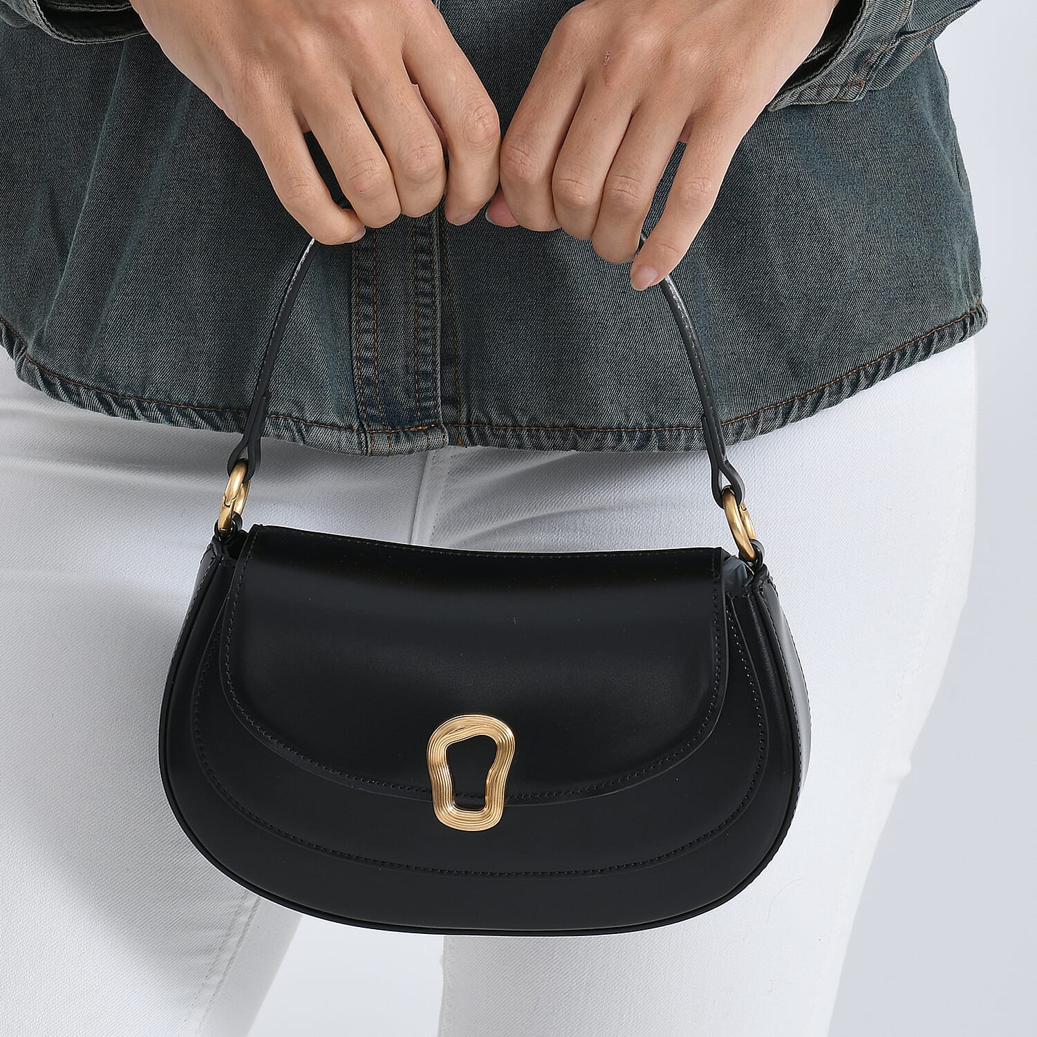 Grand Pelle Genuine Leather Saddle Crossbody Bag - Black