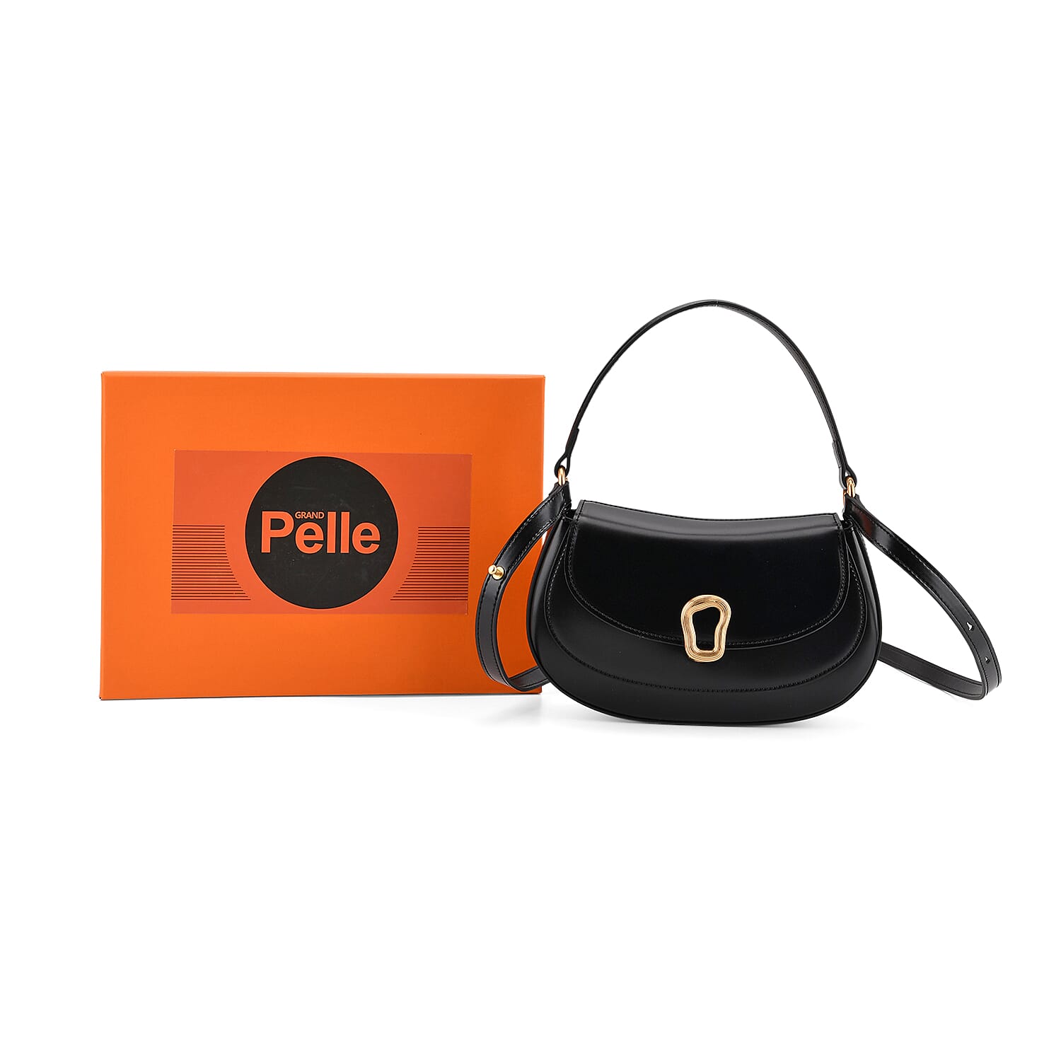 Grand Pelle Genuine Leather Saddle Crossbody Bag - Black