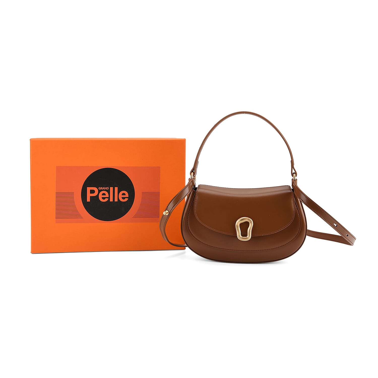 Grand Pelle Genuine Leather Saddle Crossbody Bag - Tan