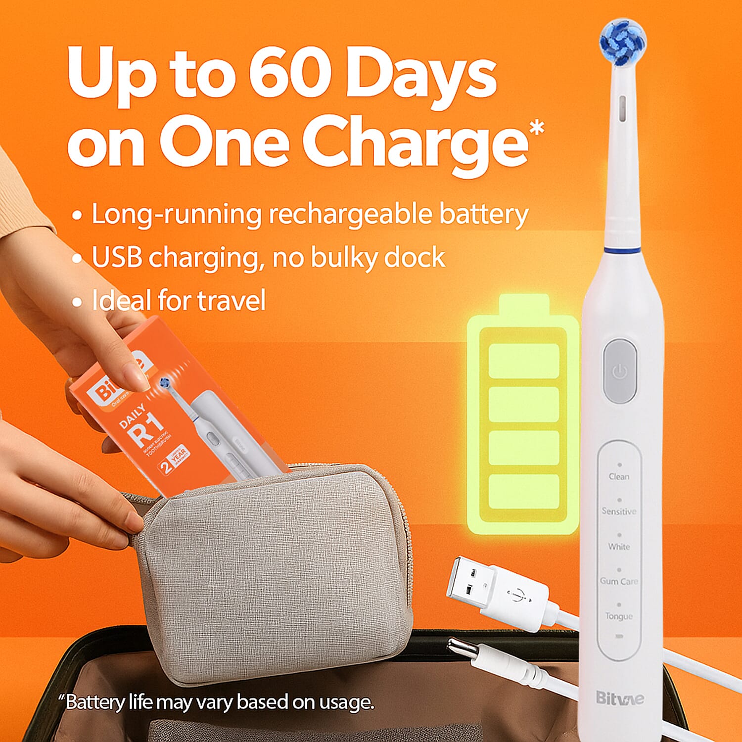 Bitvae- Electric Toothbrush with 60-Day Battery Life | 5 Modes, USB Charging & 8 Dupont Brush Heads (IPX7)