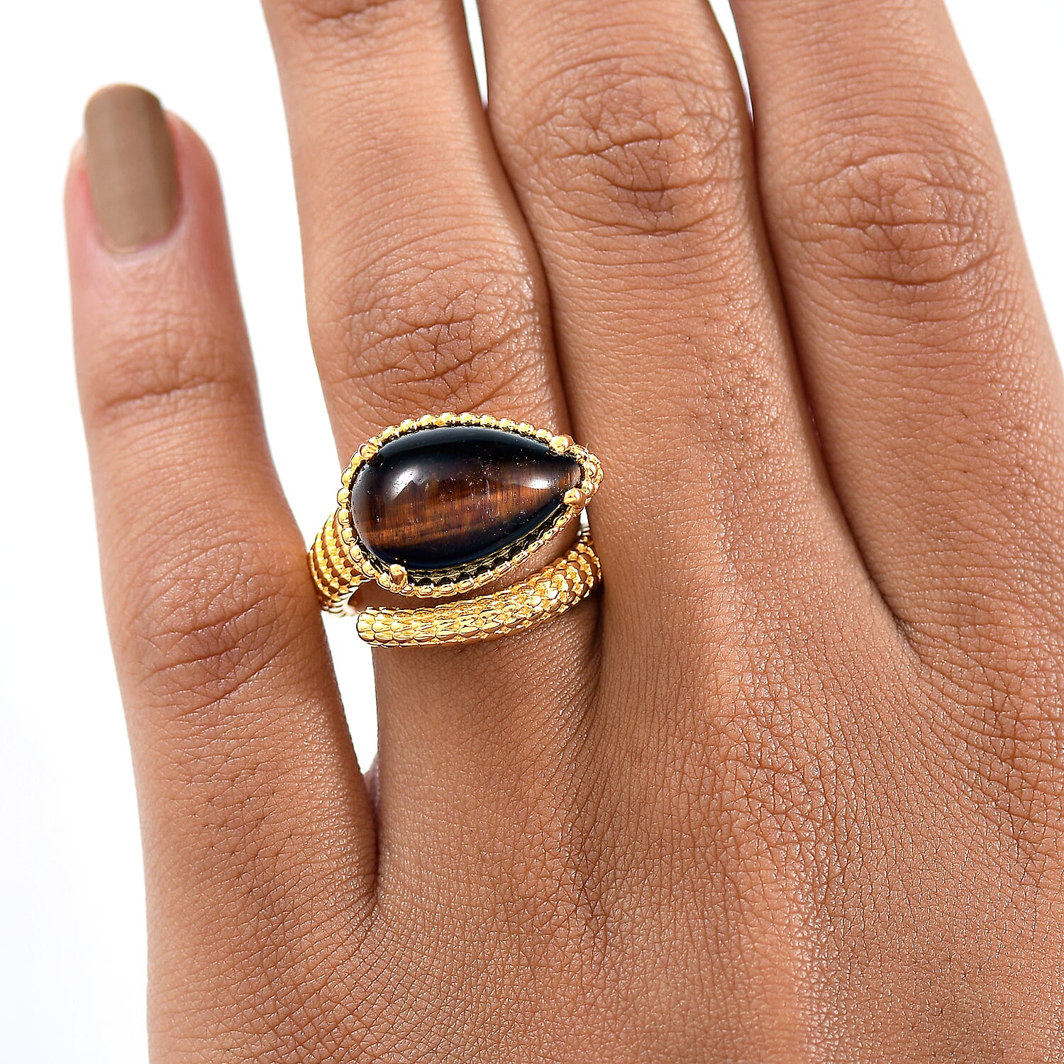 EverTrue Red Tiger Eye Solitaire Ring in Yellow Gold Plated 7.22 Ct.
