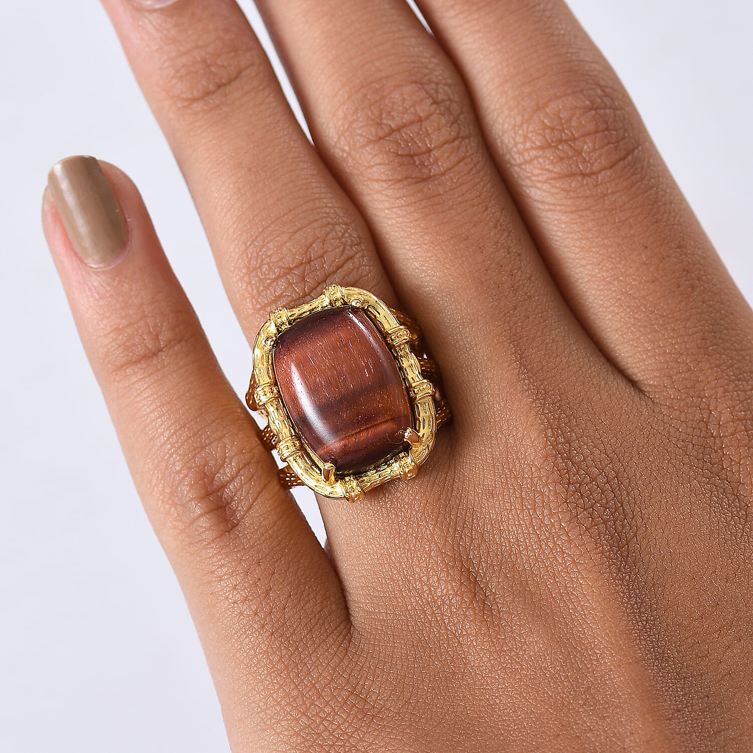 EverTrue Red Tiger Eye Solitaire Ring in Yellow Gold Plated 14.58 Ct.