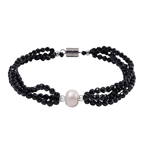 White Fresh Water Pearl & Black Spinel Beads Bracelet (Size 7) 35.00 Ct.
