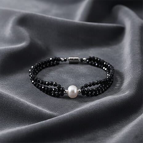 White Fresh Water Pearl & Black Spinel Beads Bracelet (Size 7) 35.00 Ct.