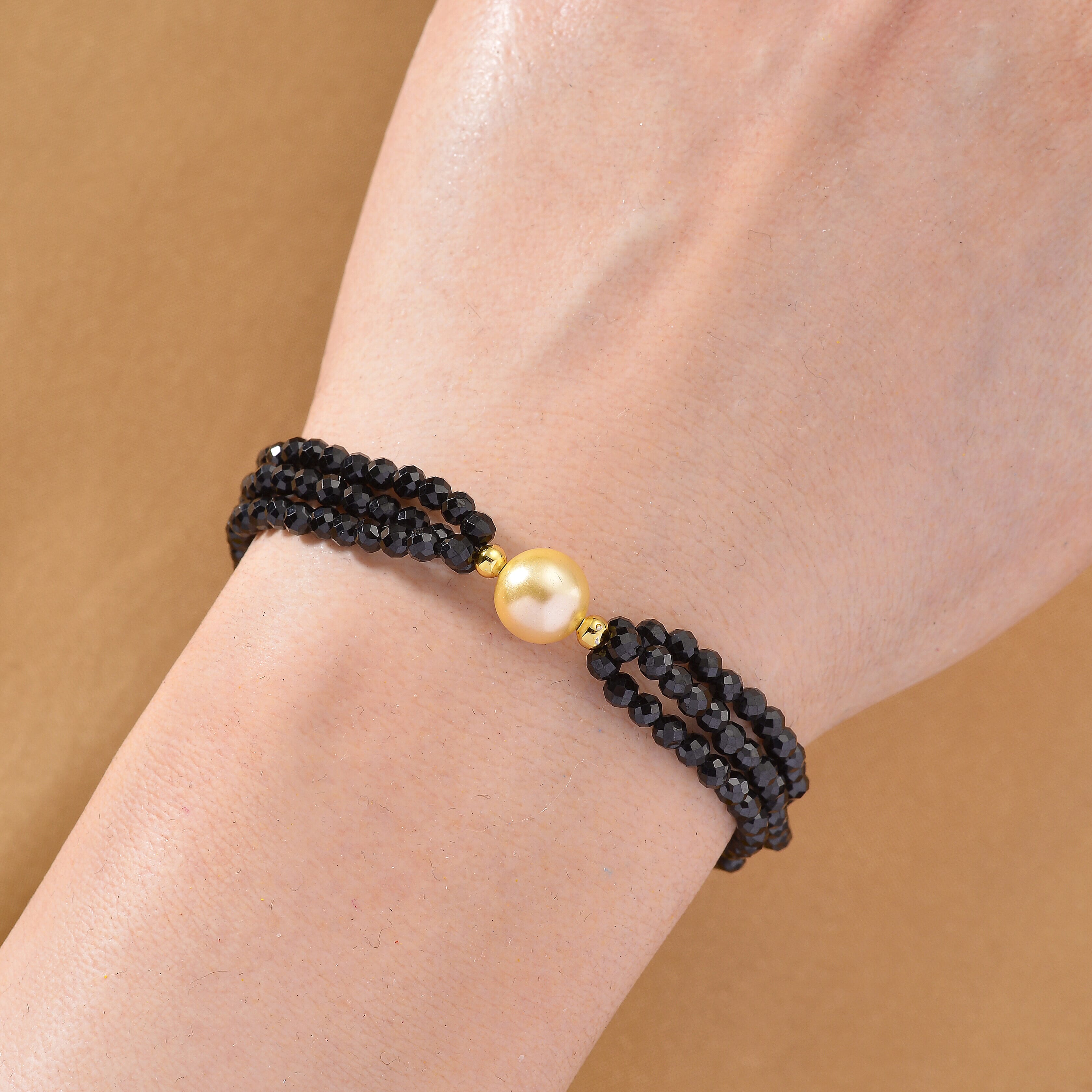 Golden Fresh Water Pearl & Black Spinel Beads Bracelet (Size 7) in Yellow Gold Plated 35.00 Ct.