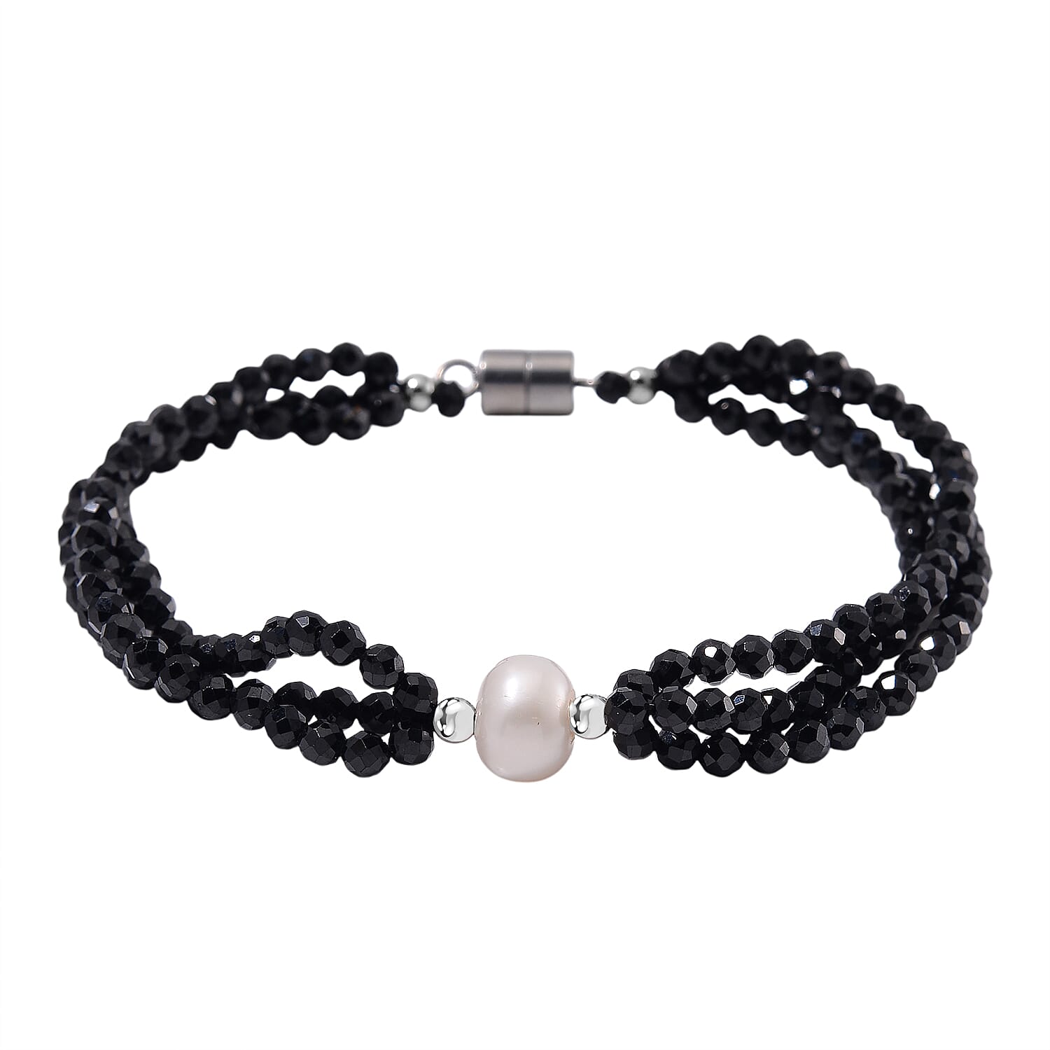 White Fresh Water Pearl & Black Spinel Beads Bracelet (Size 7.5) with Magnetic Lock 40.00 Ct.
