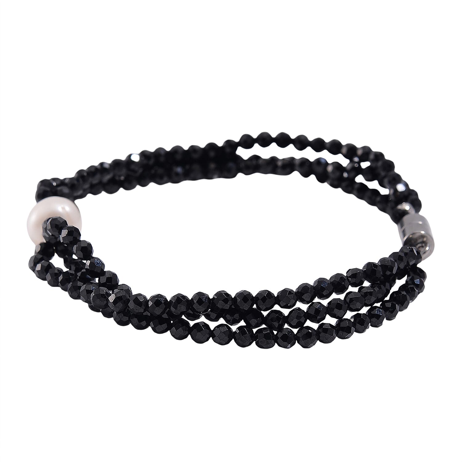 White Fresh Water Pearl & Black Spinel Beads Bracelet (Size 7.5) with Magnetic Lock 40.00 Ct.