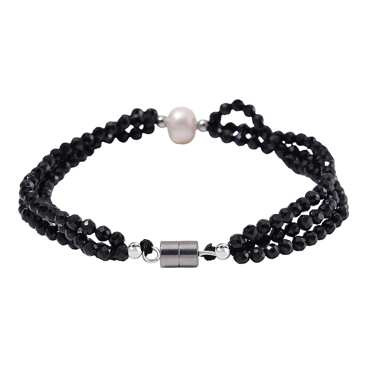 White Fresh Water Pearl & Black Spinel Beads Bracelet (Size 8) 45.00 Ct.