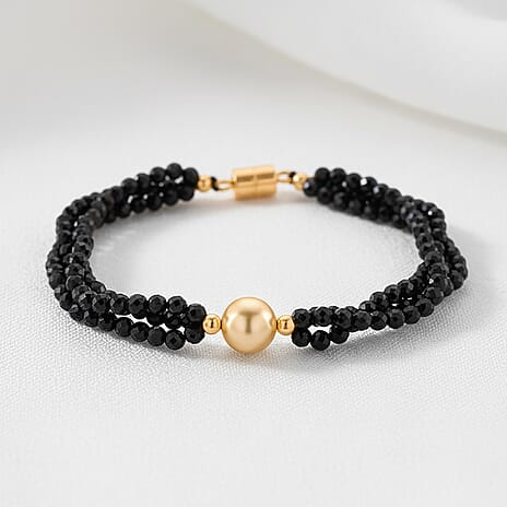 Golden Fresh Water Pearl & Black Spinel Beads Bracelet (Size 8) with Magnetic Lock in Yellow Gold Plated 45.00 Ct.