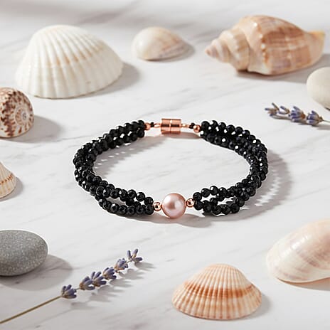 Peach Fresh Water Pearl & Black Spinel Bracelet (Size 7.5) with Magnetic Lock in Rose Gold Plated 40.00 Ct.