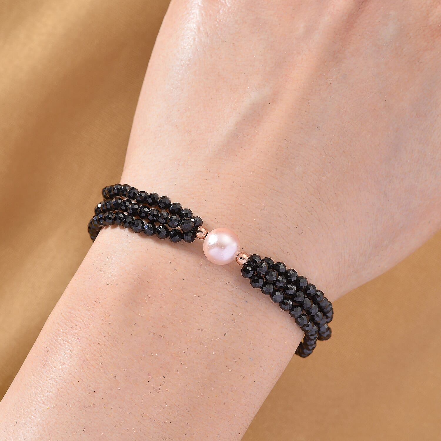 Peach Fresh Water Pearl & Black Spinel Bracelet (Size 7.5) with Magnetic Lock in Rose Gold Plated 40.00 Ct.