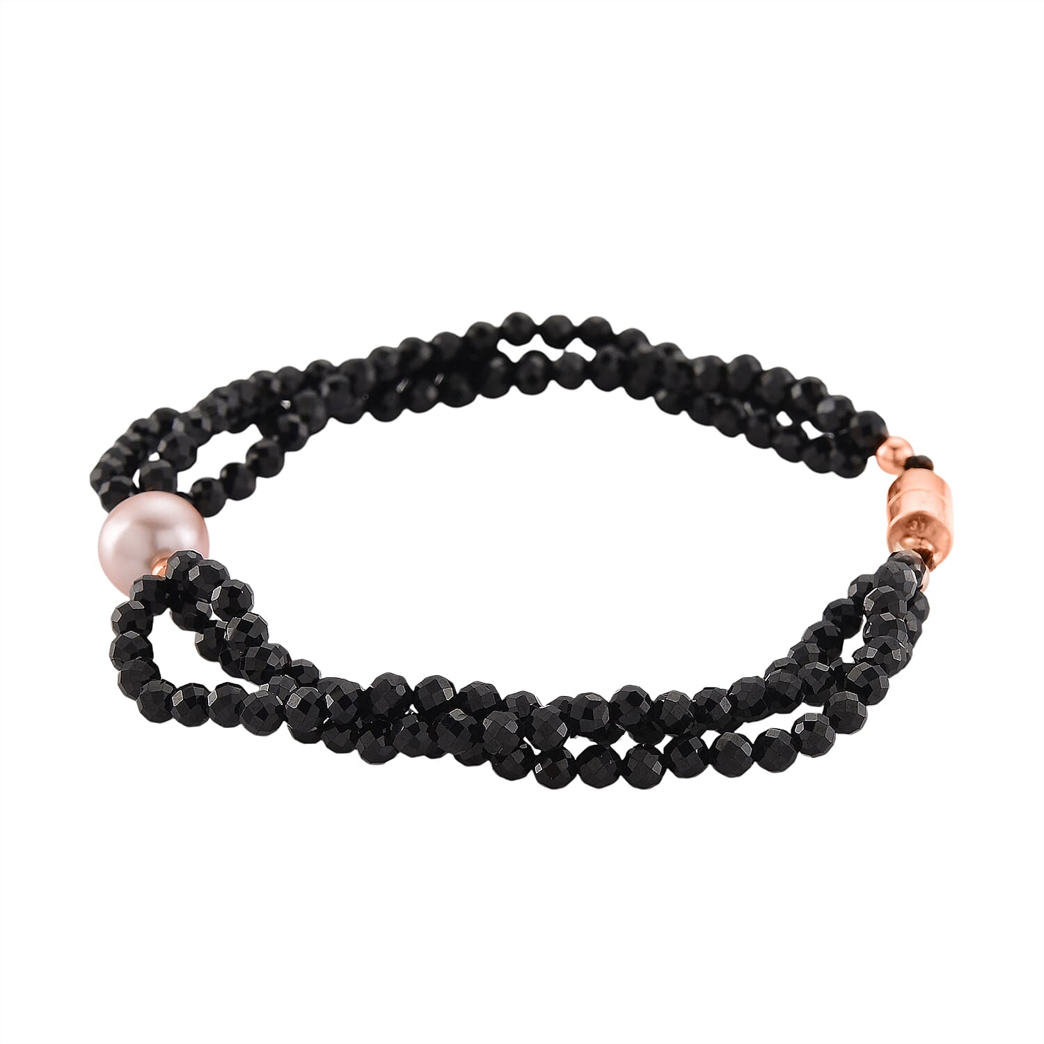 Peach Fresh Water Pearl & Black Spinel Bracelet (Size 7.5) with Magnetic Lock in Rose Gold Plated 40.00 Ct.