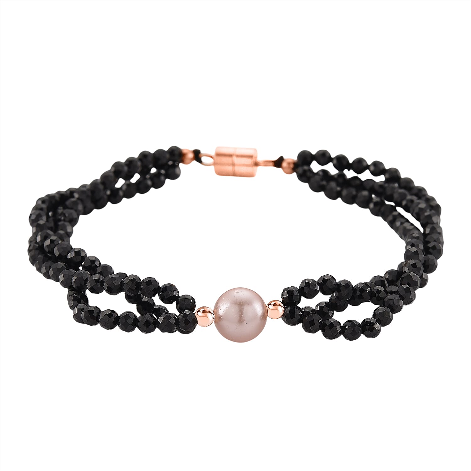 Peach Fresh Water Pearl & Black Spinel Bracelet (Size 8 with Magnetic Clasp) in Rose Gold Plated 45.00 Ct.