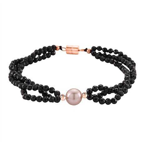 Peach Fresh Water Pearl & Black Spinel Bracelet (Size 8 with Magnetic Clasp) in Rose Gold Plated 45.00 Ct.