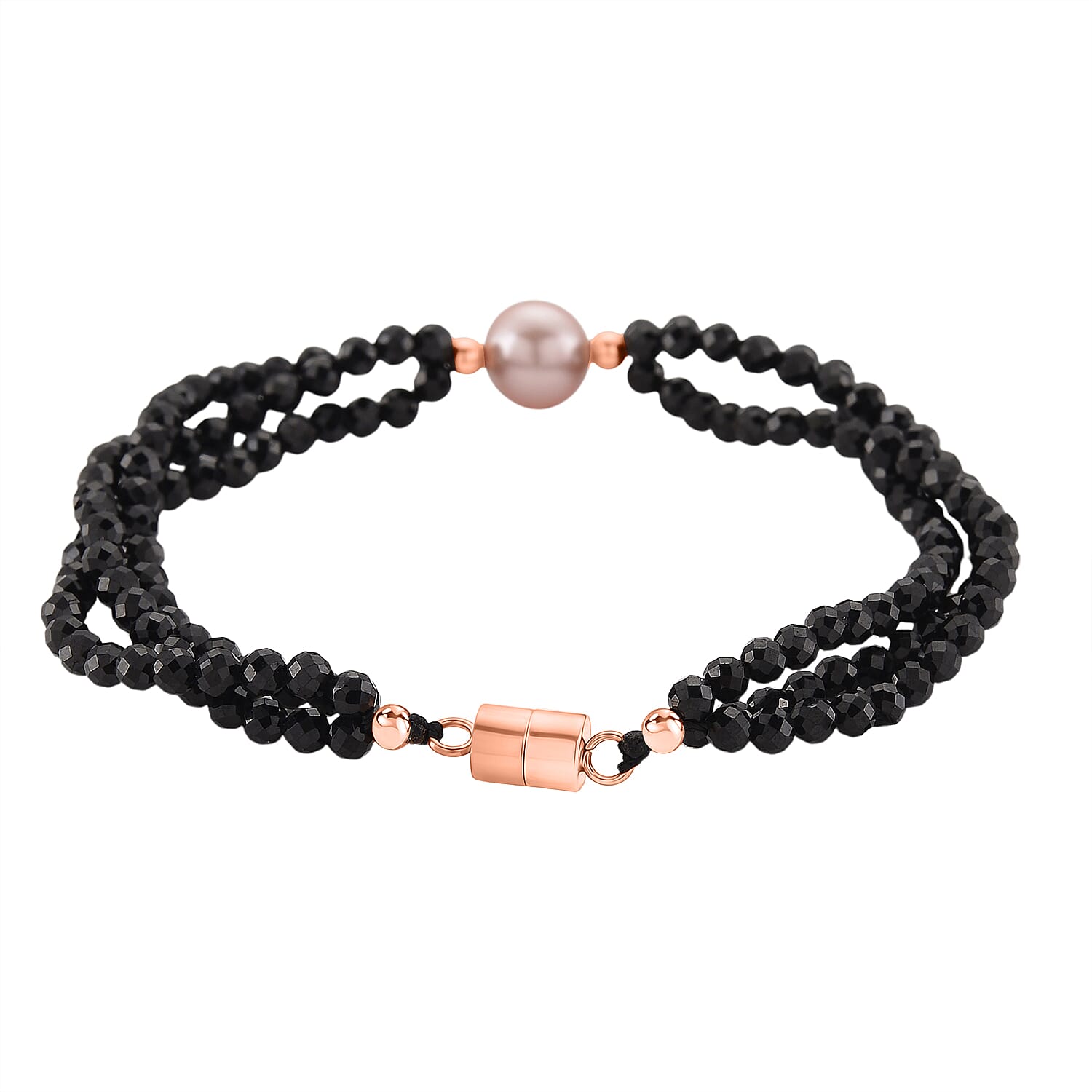 Peach Fresh Water Pearl & Black Spinel Bracelet (Size 8 with Magnetic Clasp) in Rose Gold Plated 45.00 Ct.