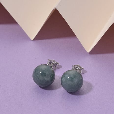 Natural Type A Jadeite Earrings with Push Back in Rhodium Overlay Sterling Silver 15.00 Ct.