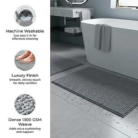 Set of 2 Super Soft Chenille Bath Mats (40 x 60 cm) - Silver