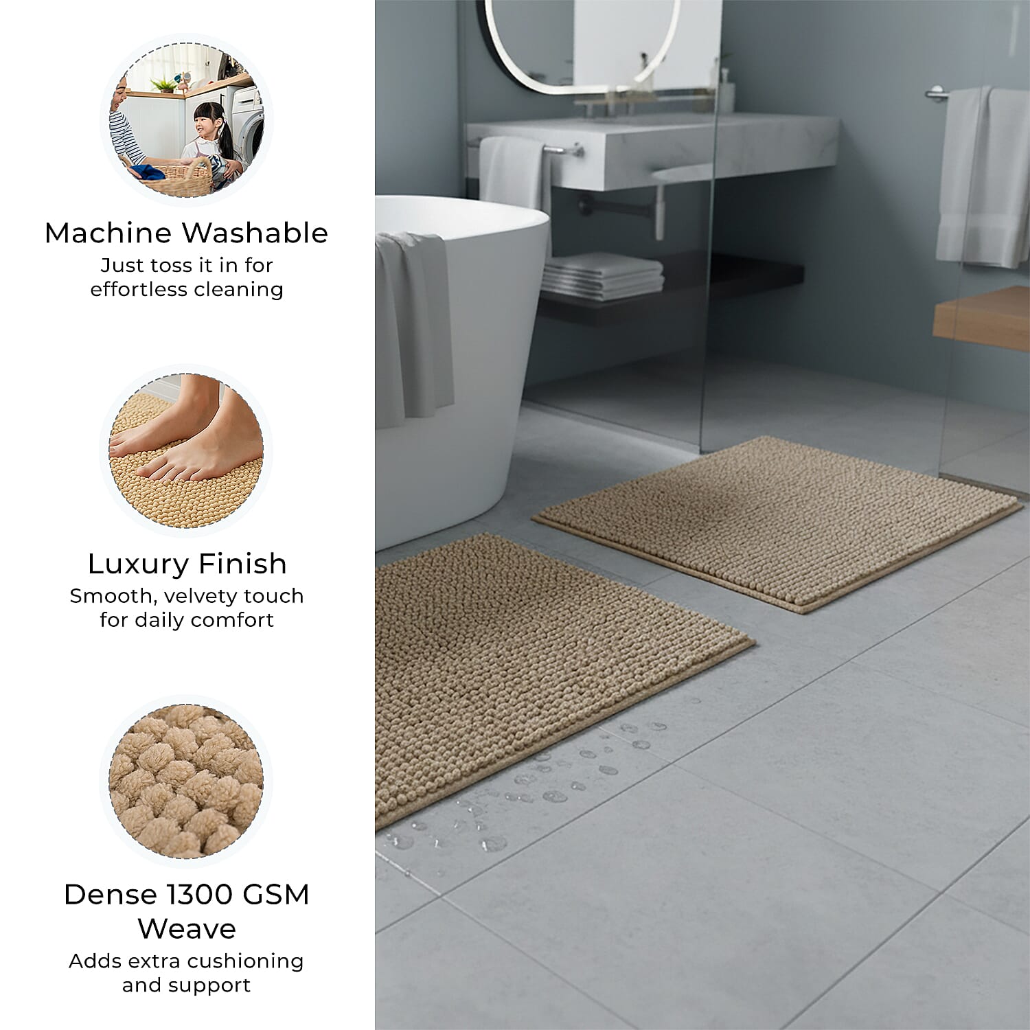 Set of 2 Super Soft Chenille Bath Mats (40 x 60 cm)