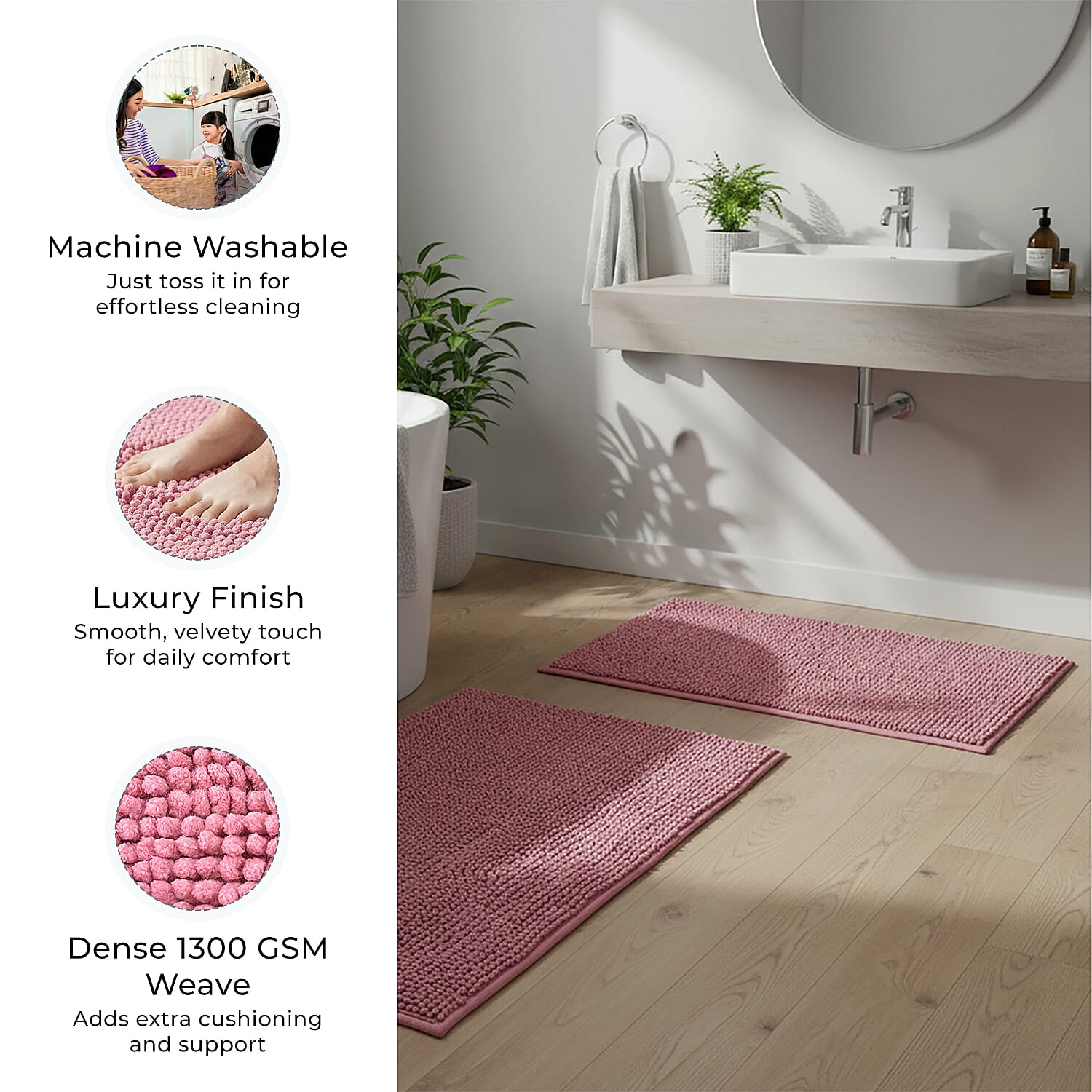 Set of 2 Super Soft Chenille Bath Mats (40 x 60 cm) - Pink