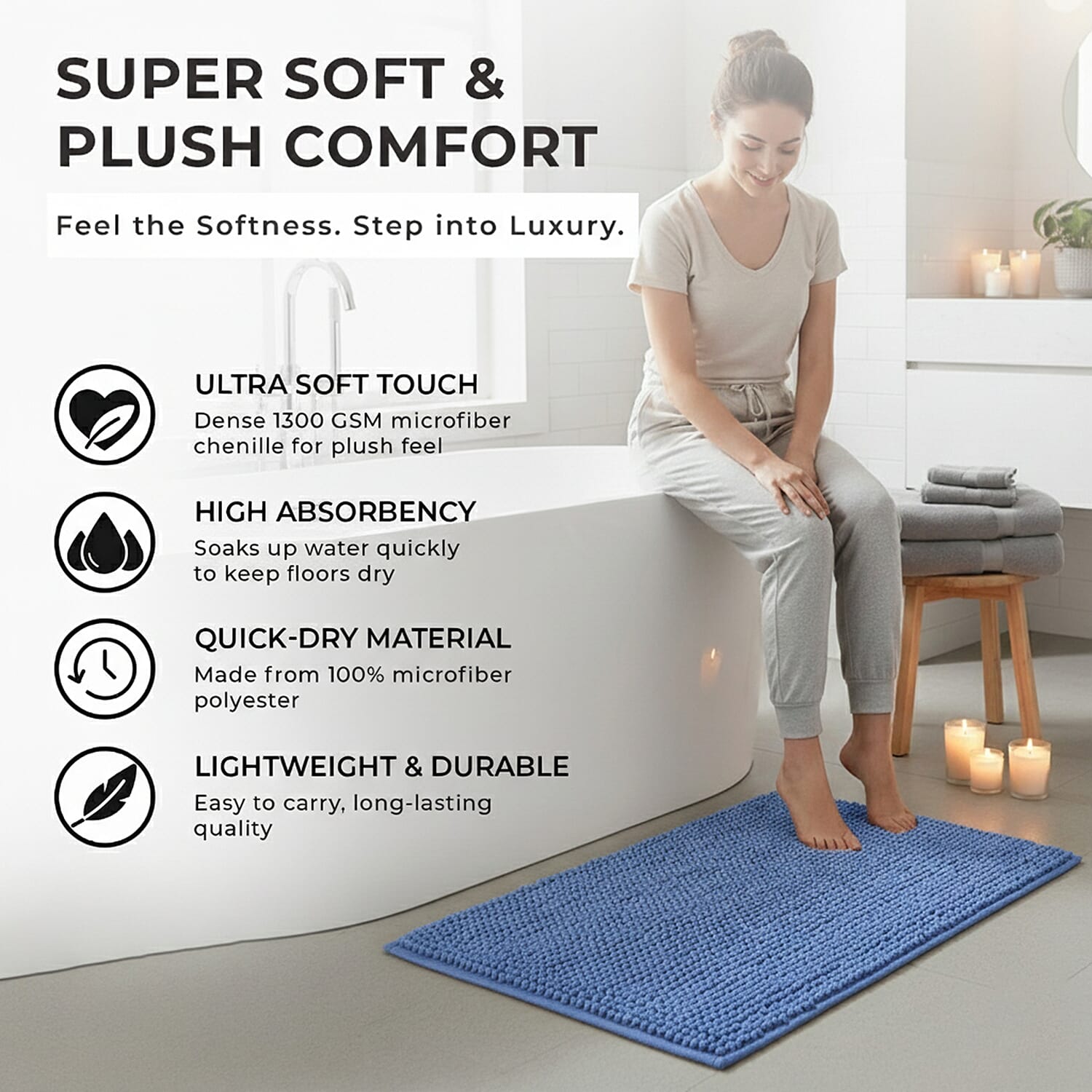 Set of 2 Super Soft Chenille Bath Mats (40 x 60 cm) - Navy