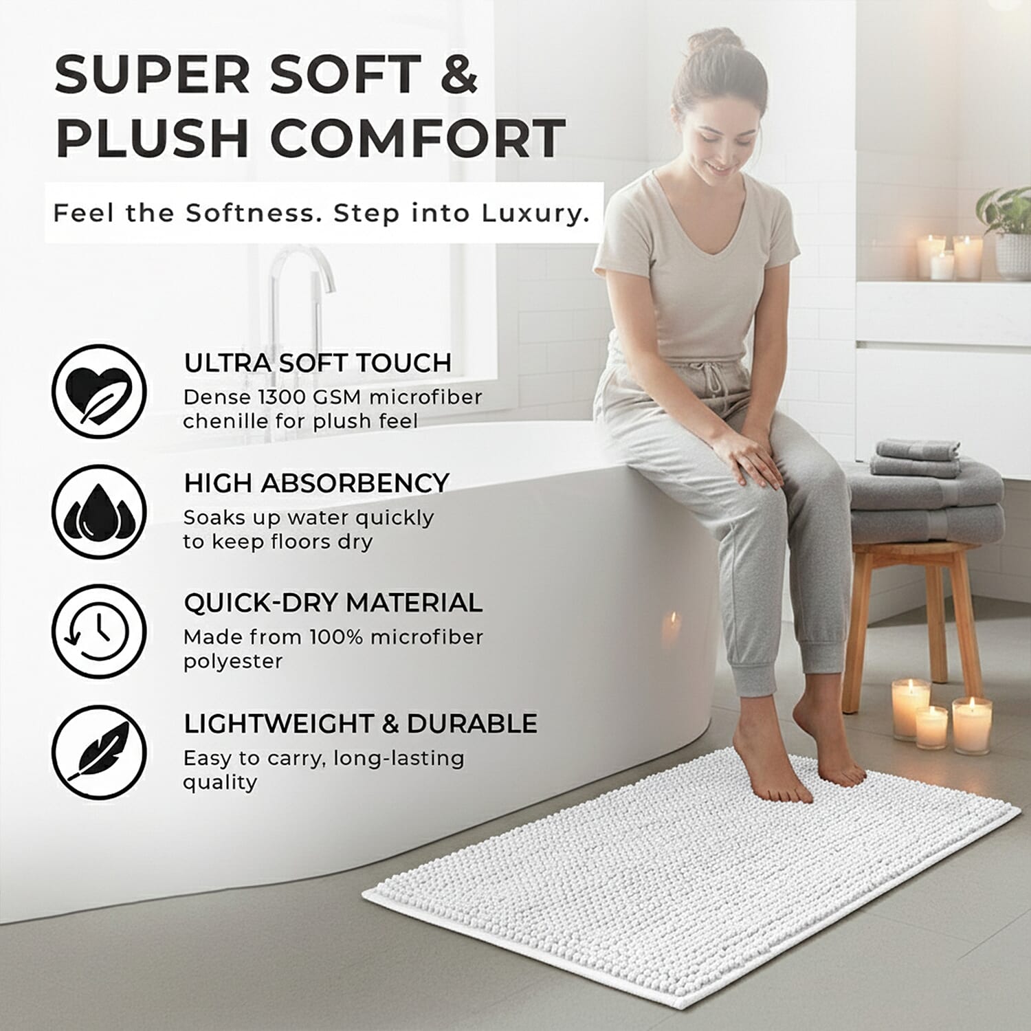 Set of 2 Super Soft Chenille Bath Mats (40 x 60 cm) - White
