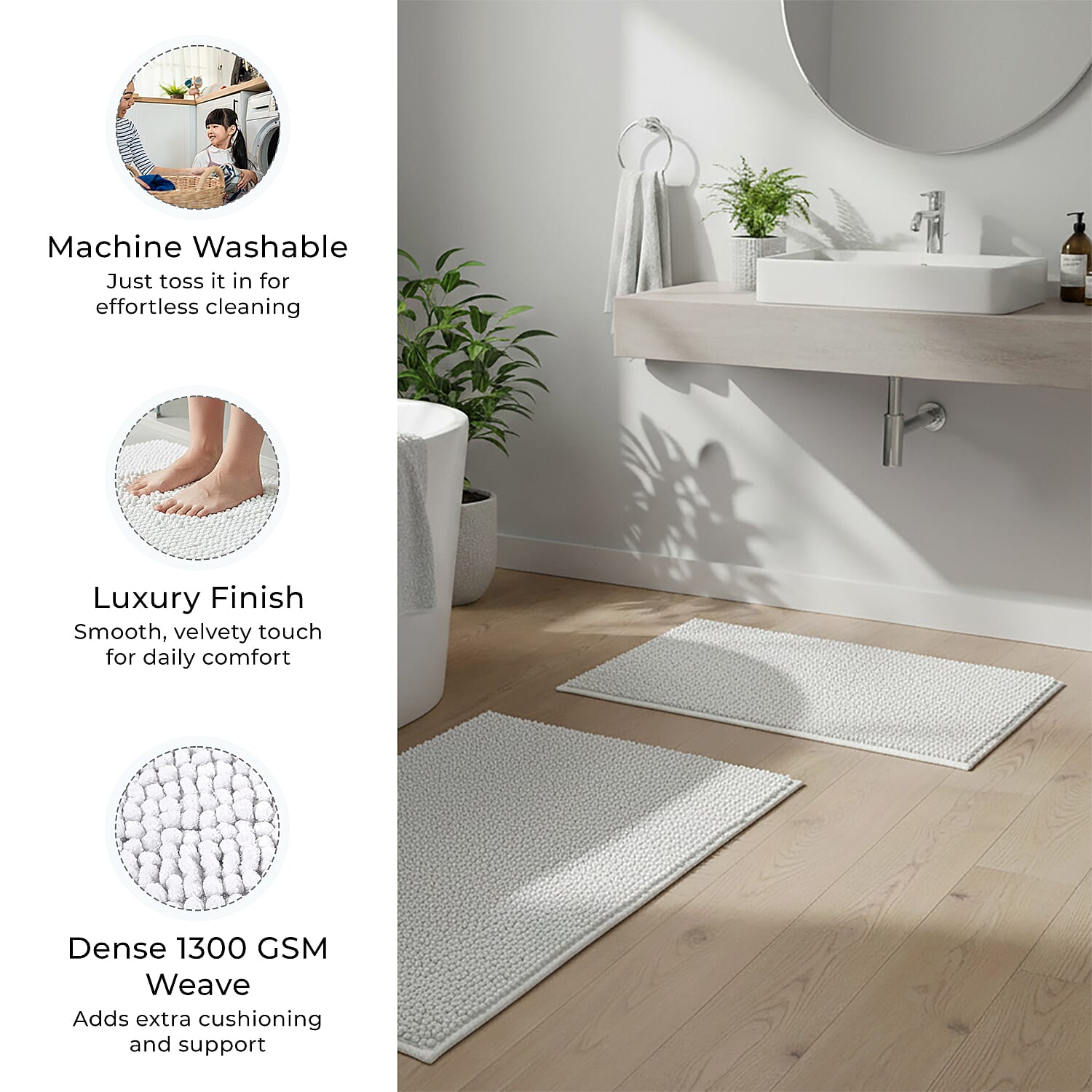 Set of 2 Super Soft Chenille Bath Mats (40 x 60 cm) - White