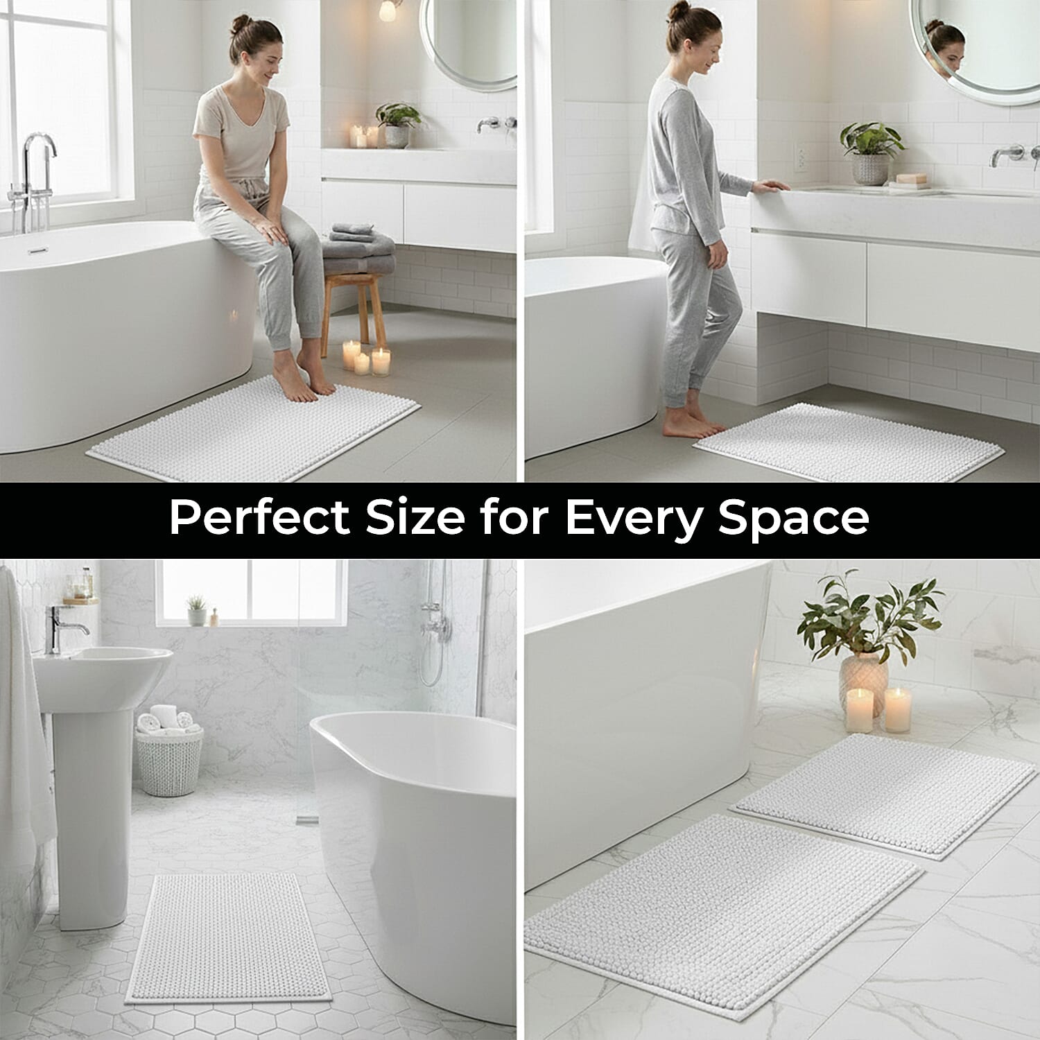 Set of 2 Super Soft Chenille Bath Mats (40 x 60 cm) - White