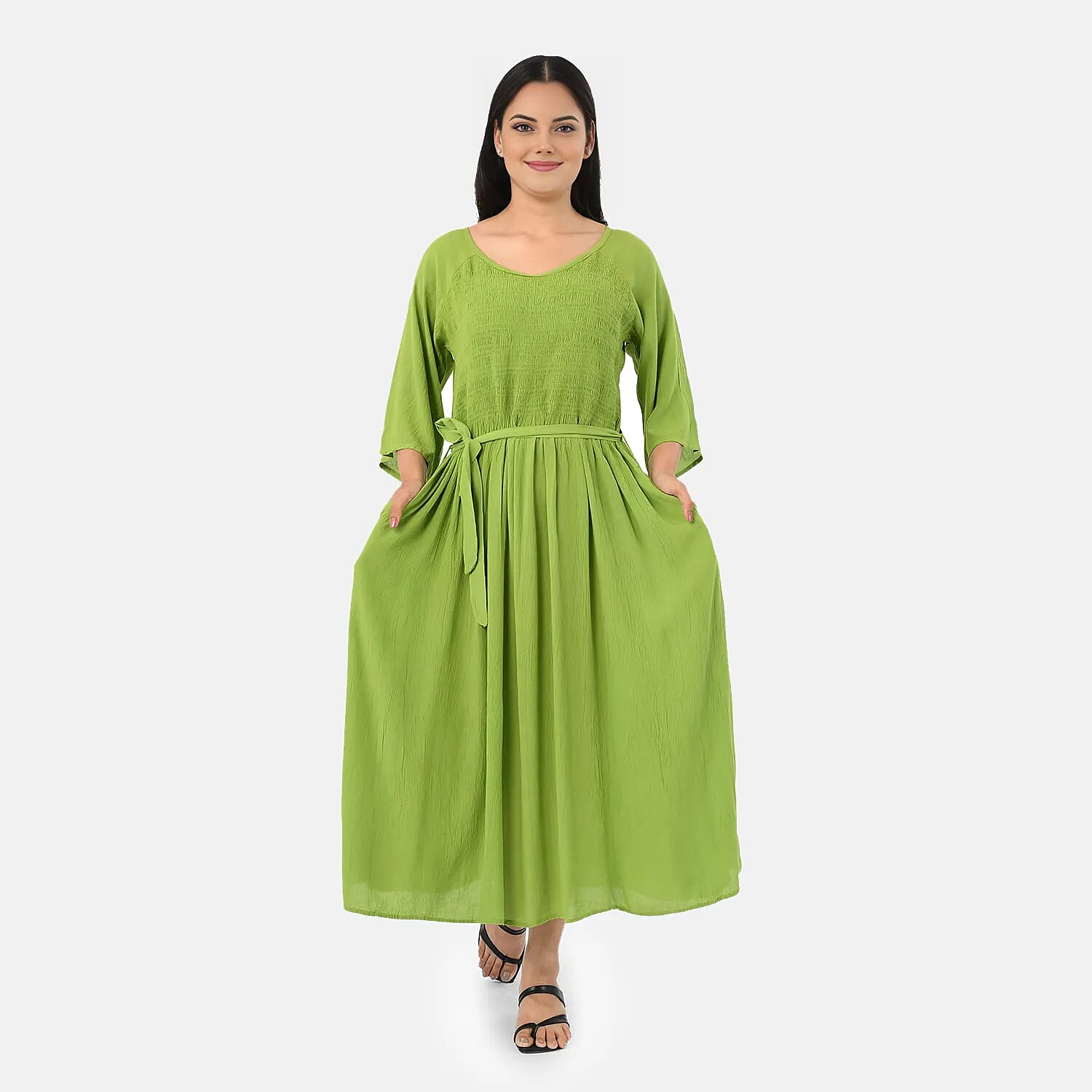 - Maisi Smocked Crepe Midi Dress with Waist Belt and Pockets (One Size) - Apple Green