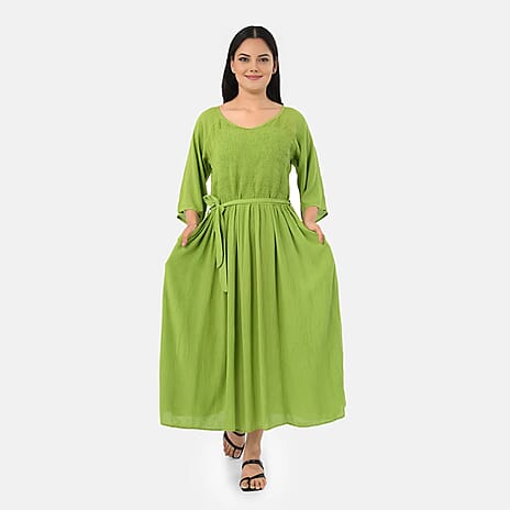 - Maisi Smocked Crepe Midi Dress with Waist Belt and Pockets (One Size) - Apple Green