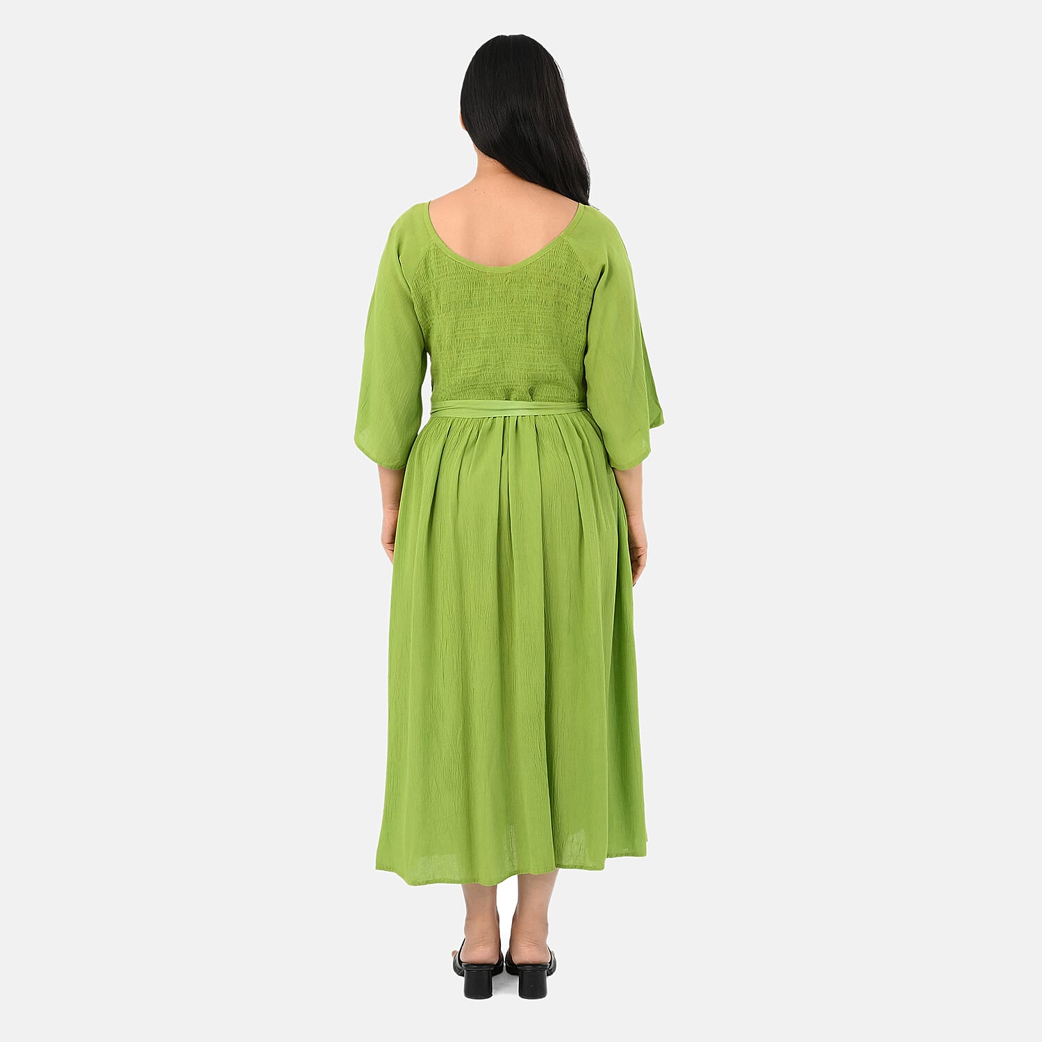 - Maisi Smocked Crepe Midi Dress with Waist Belt and Pockets (One Size) - Apple Green
