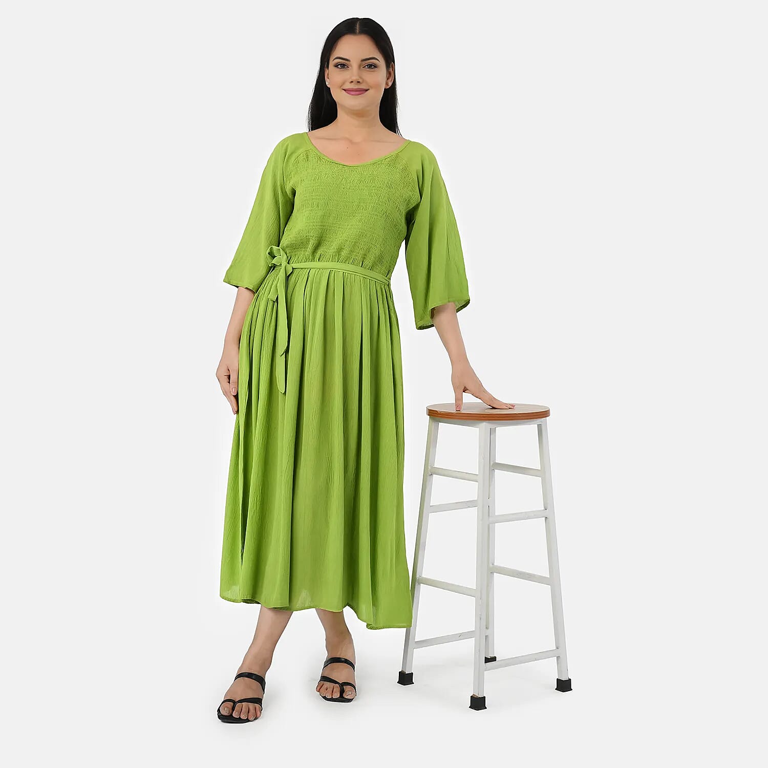 - Maisi Smocked Crepe Midi Dress with Waist Belt and Pockets (One Size) - Apple Green